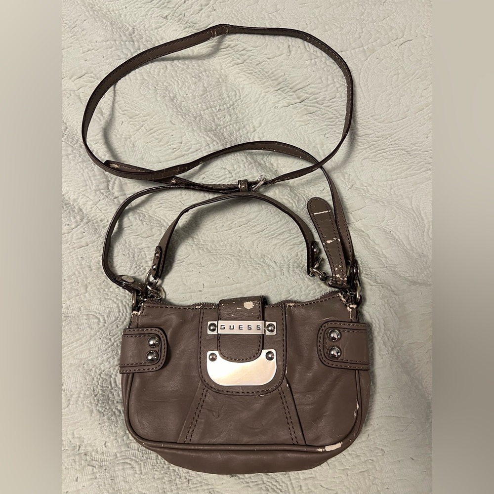 Guess Gray Crossbody Bag Shoulder Strap Silver Hardware Studded Neutral Purse